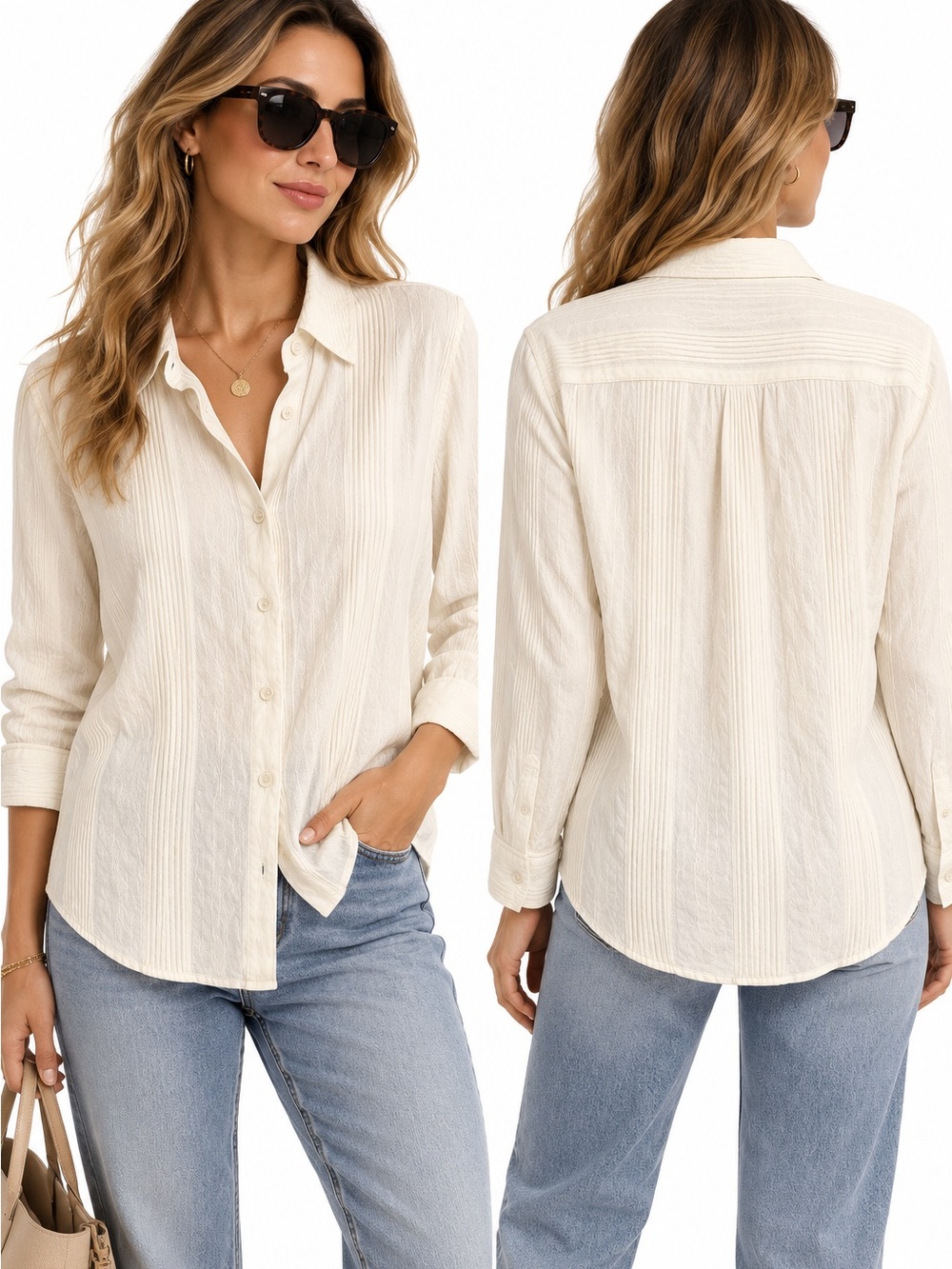 Zara Cream Textured Button-Down Shirt
